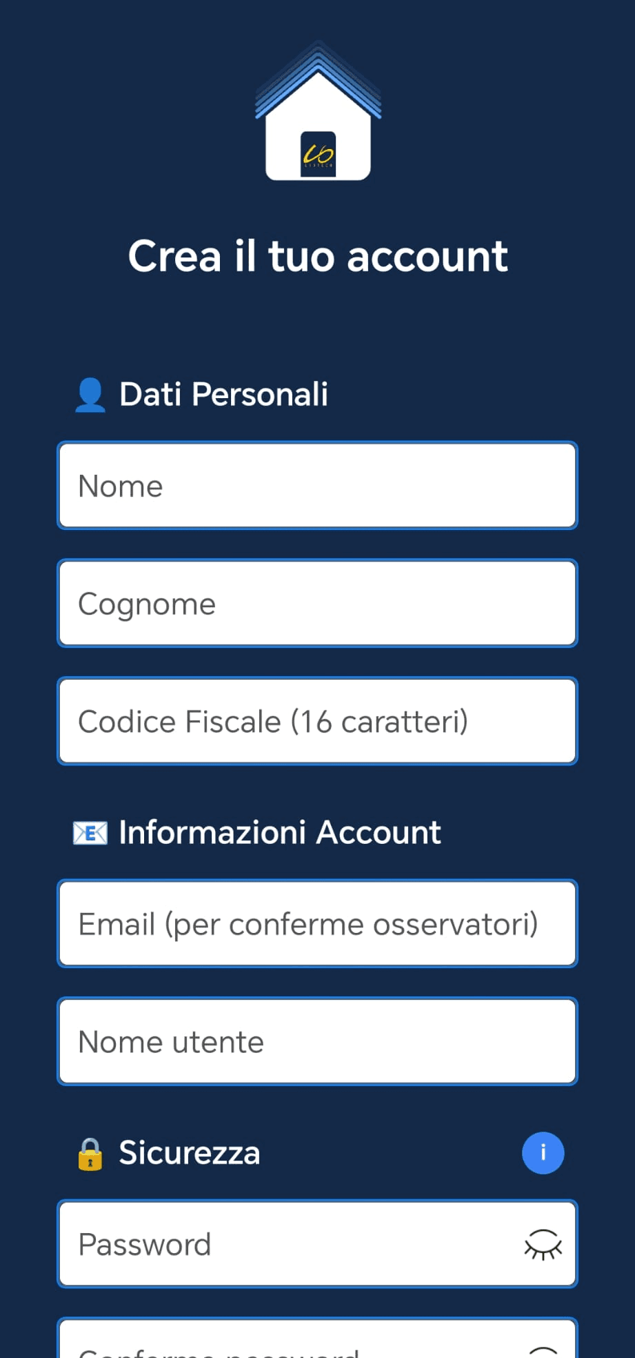 Schermata di registrazione