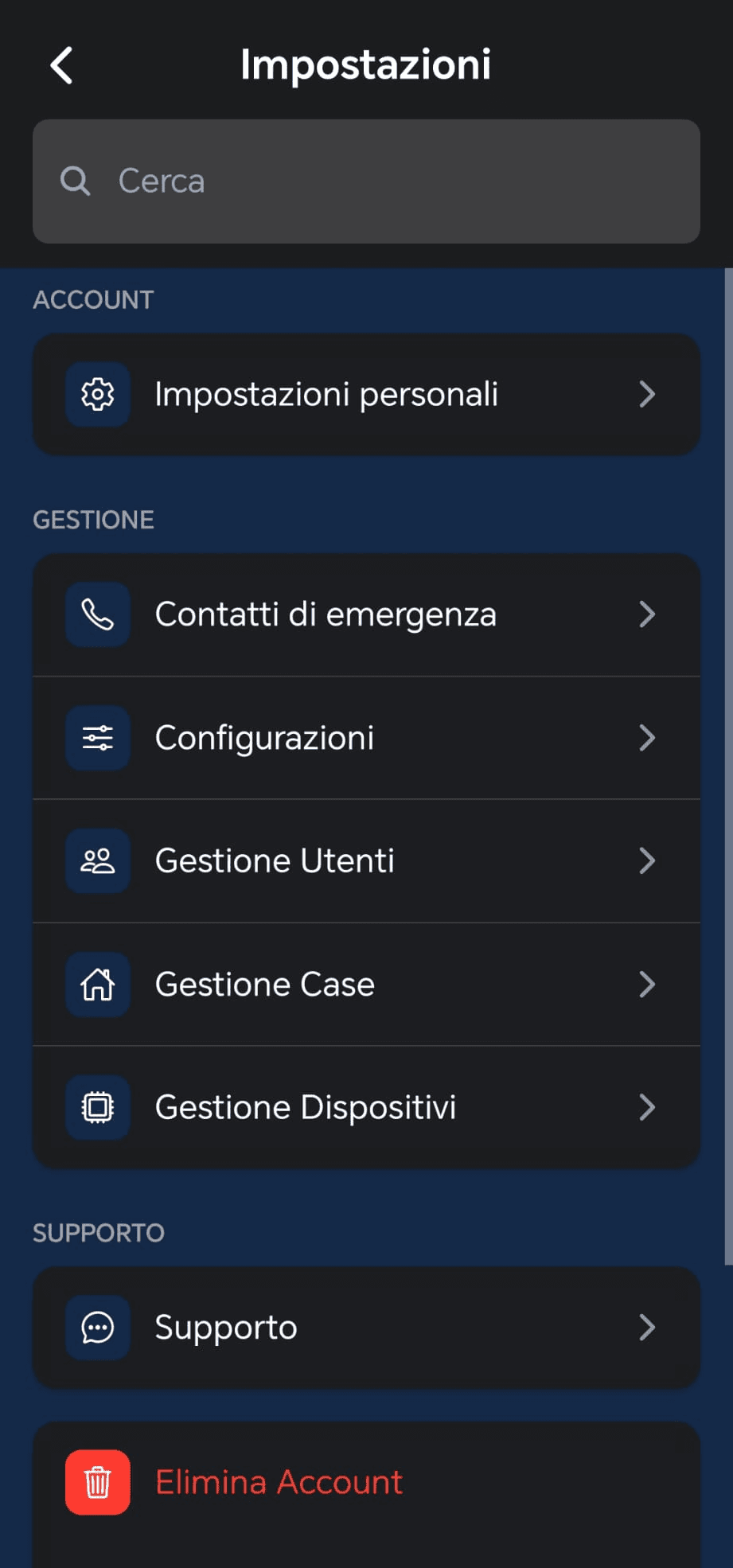 Menu impostazioni